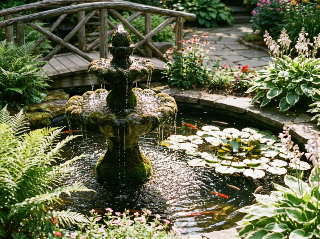 Tiered moss-covered stone fountain in a garden pond with koi fish and water lilies.