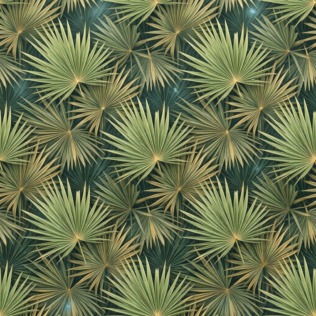 Pattern of dense green and brown fan-shaped palm leaves overlapping