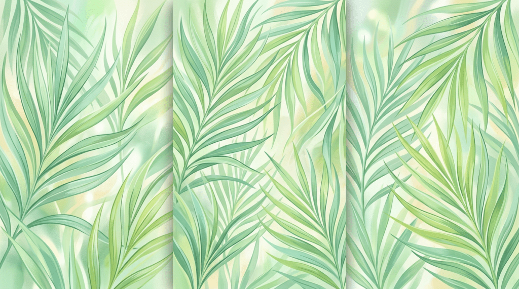 Seamless pattern of green tropical palm leaves on light background