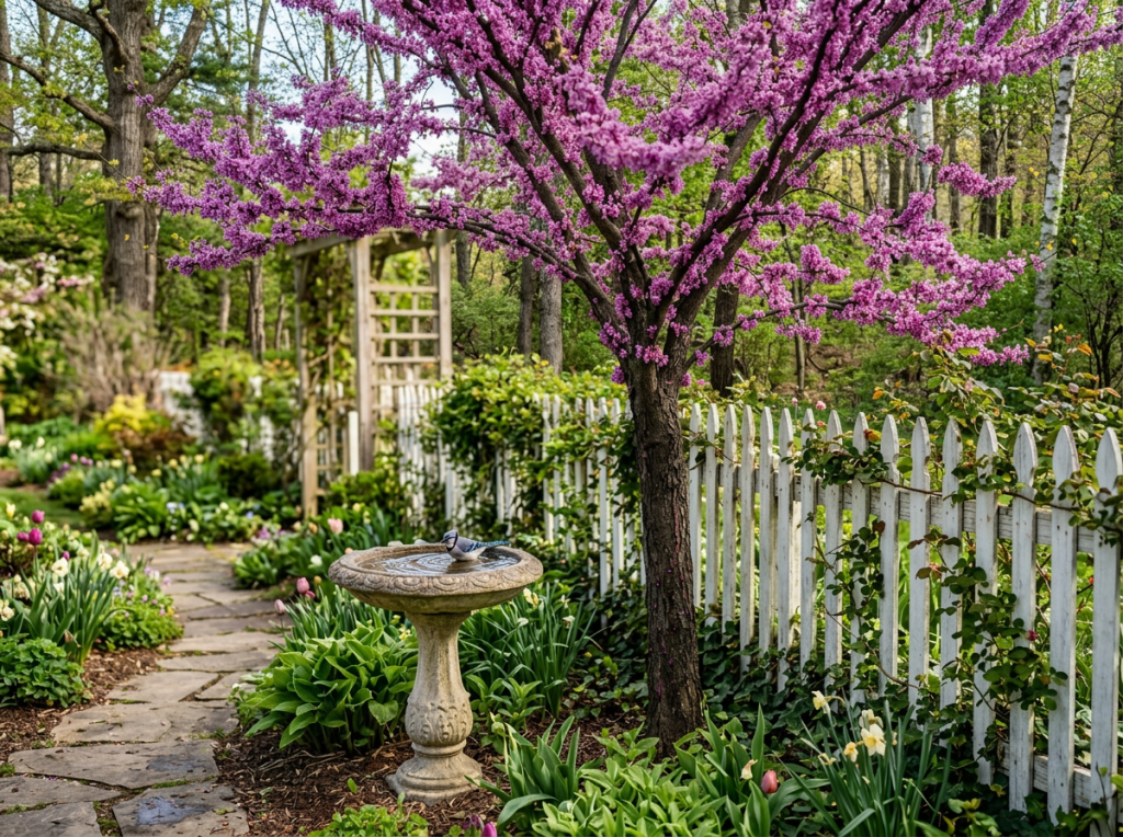 Spring garden path with stone paving, birdbath, purple flowering tree, white picket fence, and lush greenery