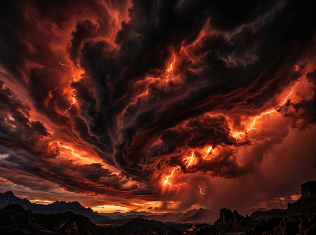 Swirling dark storm clouds lit by red lightning over mountains