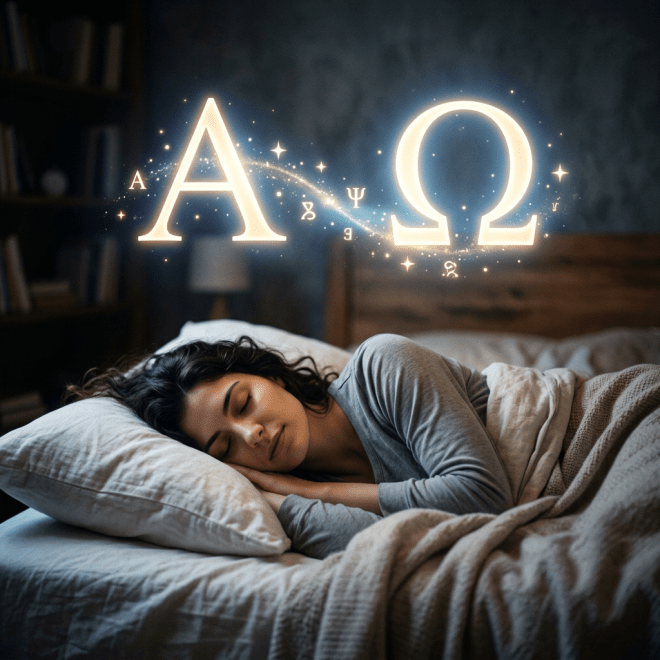 Woman sleeping with glowing Alpha and Omega symbols floating above