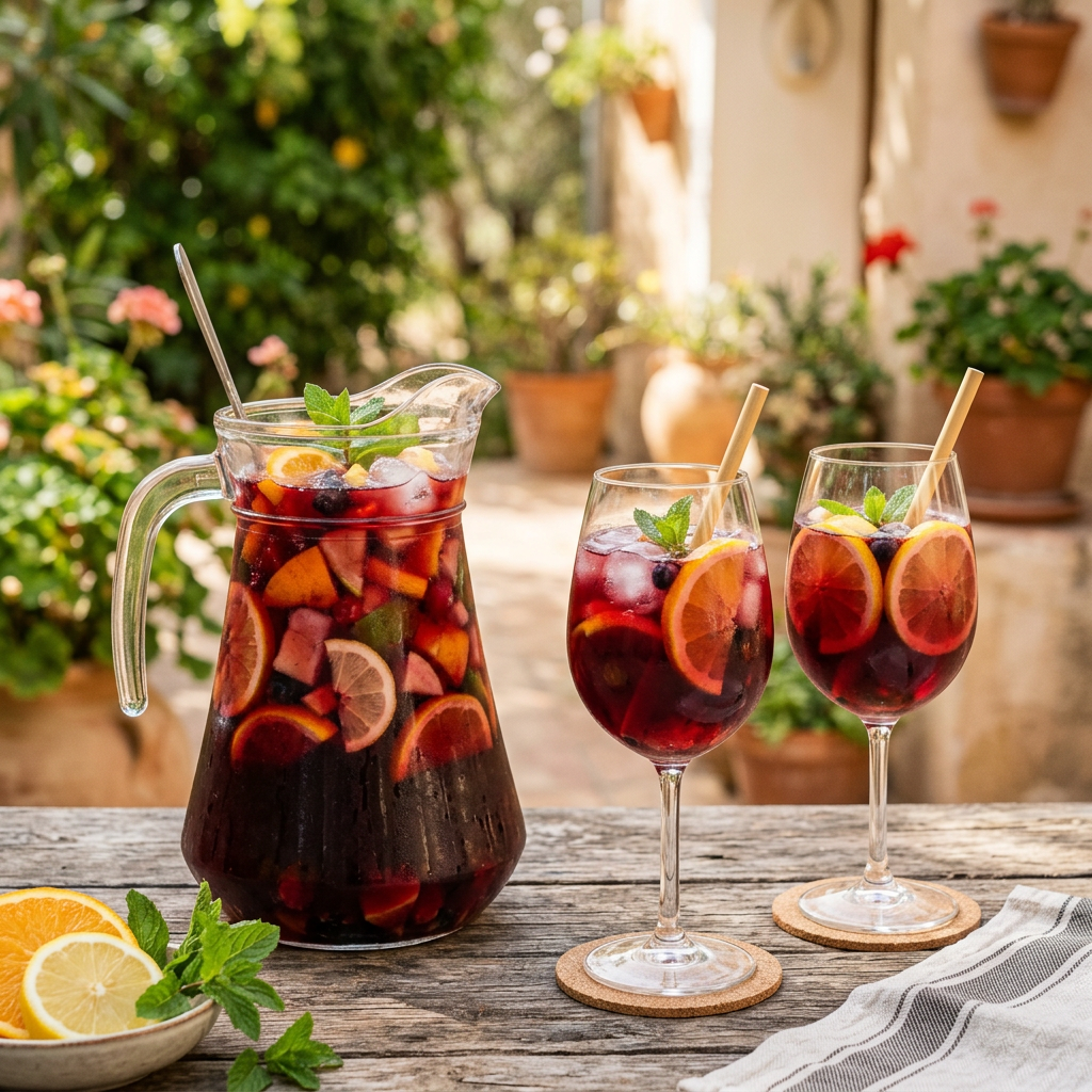 Pitcher and two glasses of red sangria with ice, citrus slices, and mint sprigs