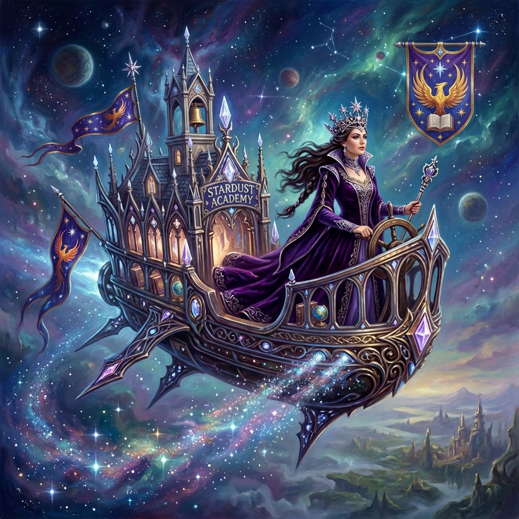 Sorceress in a purple gown steering an elaborate magical ship in space