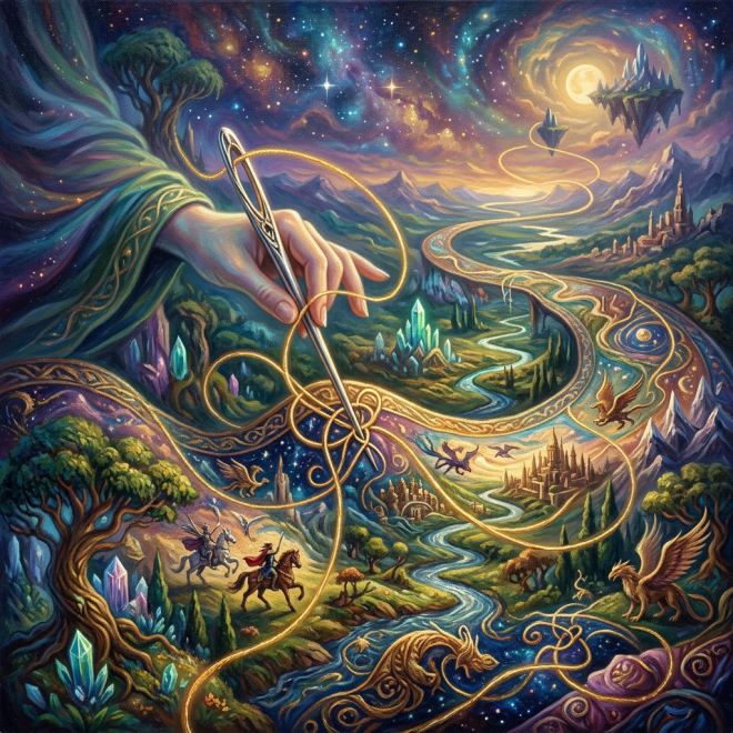 A hand holding a needle weaving a golden thread through a fantasy landscape with castles, rivers, dragons, and floating islands under a starry sky.