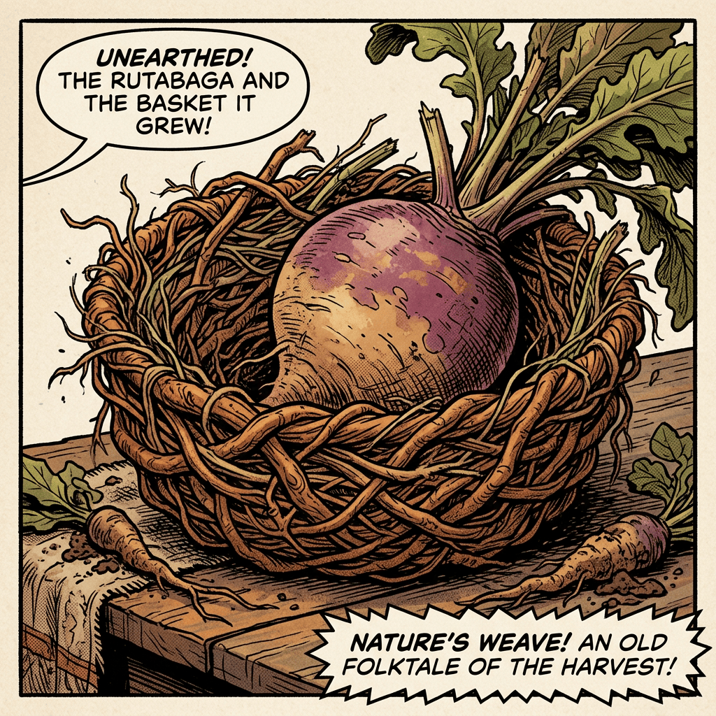 Rutabaga in a woven basket with leaves, accompanied by harvest folktale text.