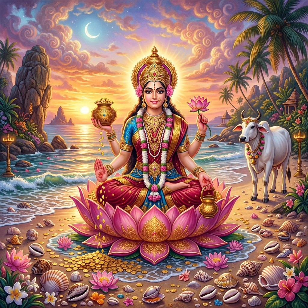 Goddess Lakshmi seated on a lotus flower holding lotus and gold pots during sunset by the ocean