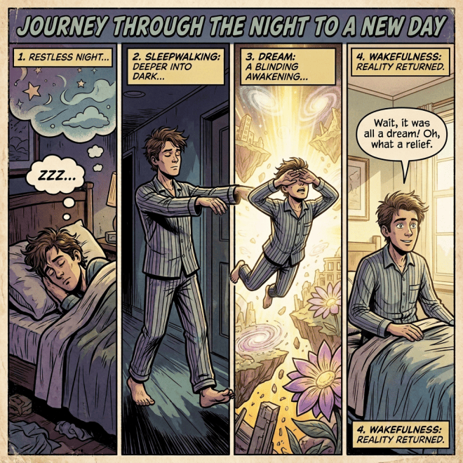 Four-panel comic showing stages of sleep and waking involving a man in pajamas.