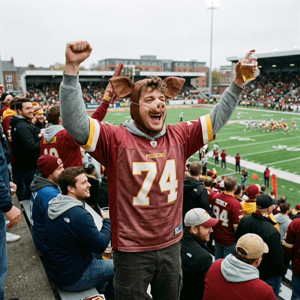 Football fan in pig costume and maroon jersey cheering with drink