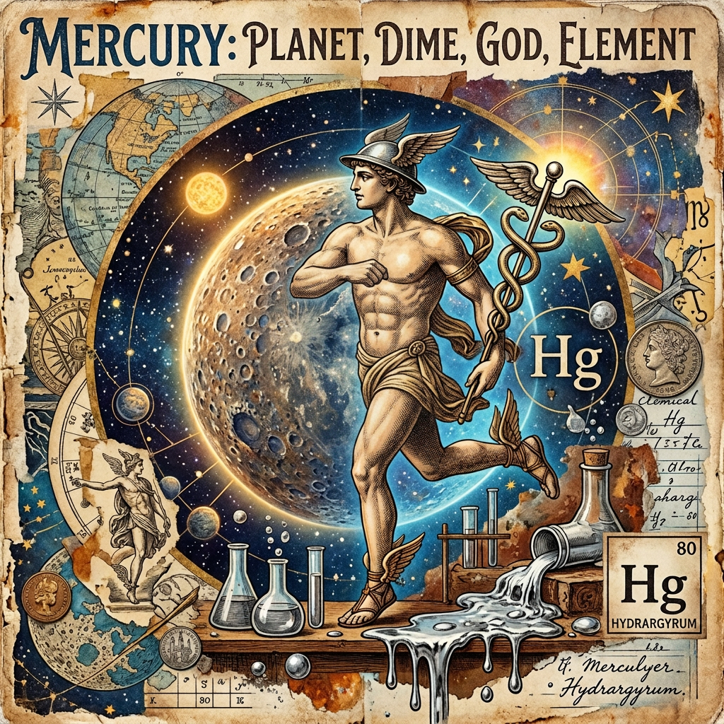 Mercury as Roman god with dime, planet, chemical element Hg symbols, and lab glassware