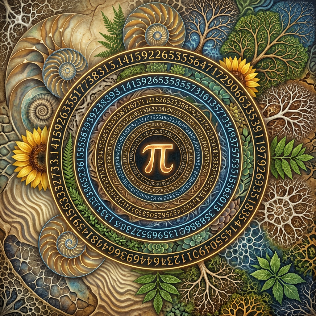 Pi symbol surrounded by concentric rings of digits and natural patterns