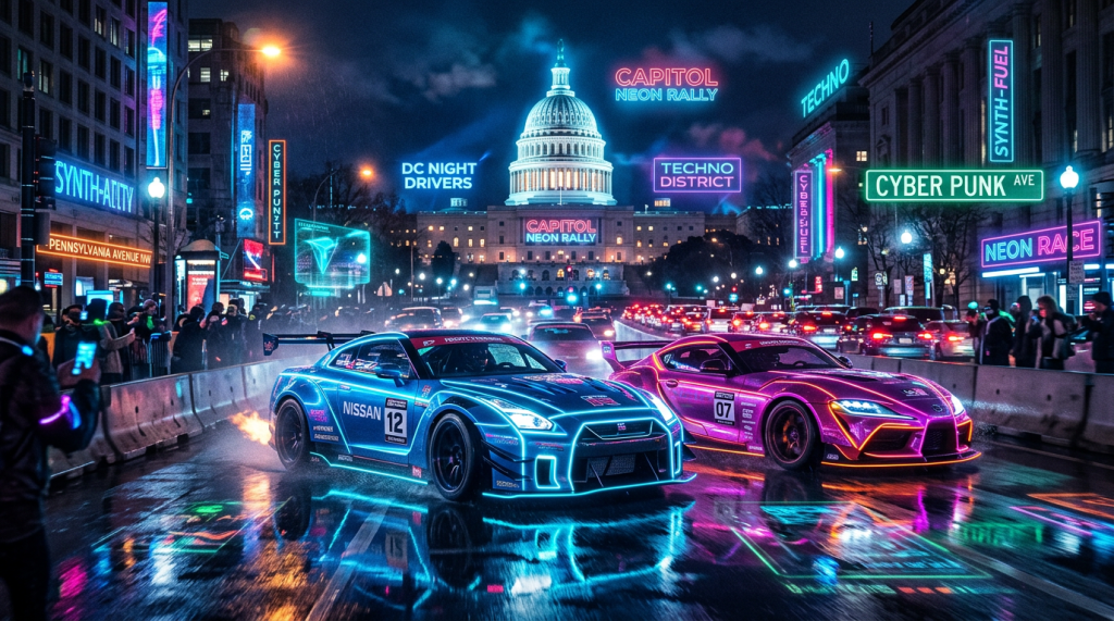 Two neon race cars on a rainy street beneath the Capitol