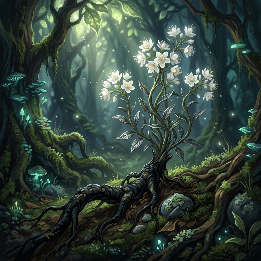 White flowering plant with exposed roots in an enchanted forest