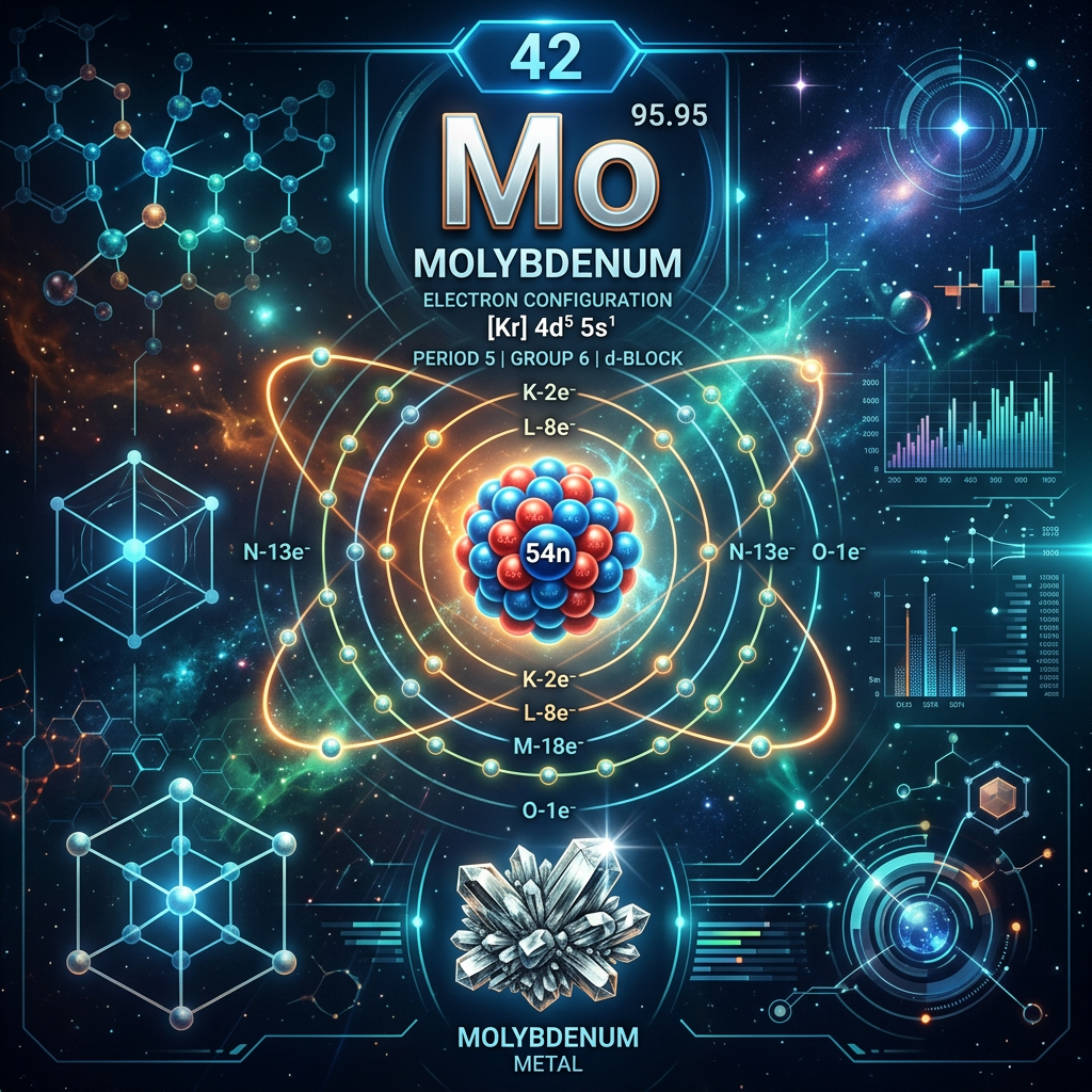 Molybdenum Mo, atomic number 42, electron configuration [Kr] 4d⁵ 5s¹