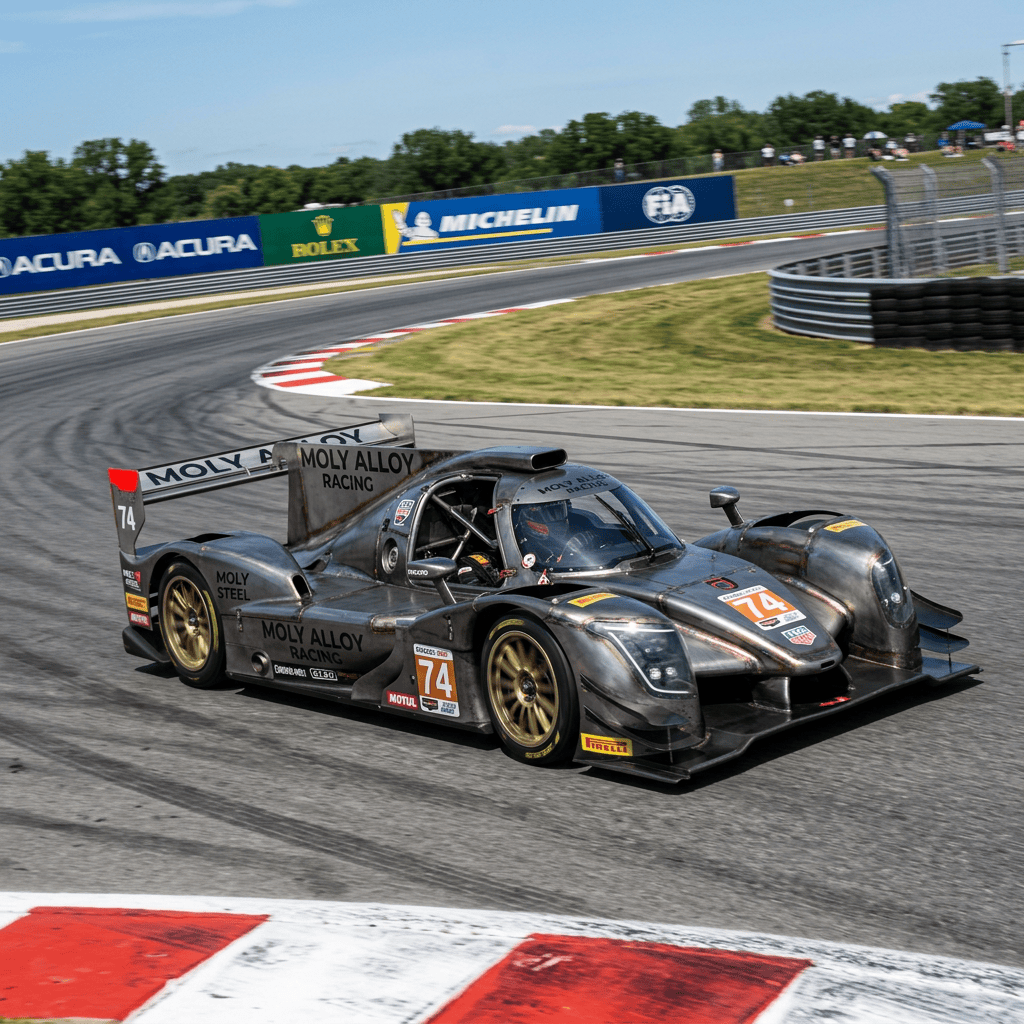 No. 74 Moly Alloy Racing prototype car cornering on a racetrack