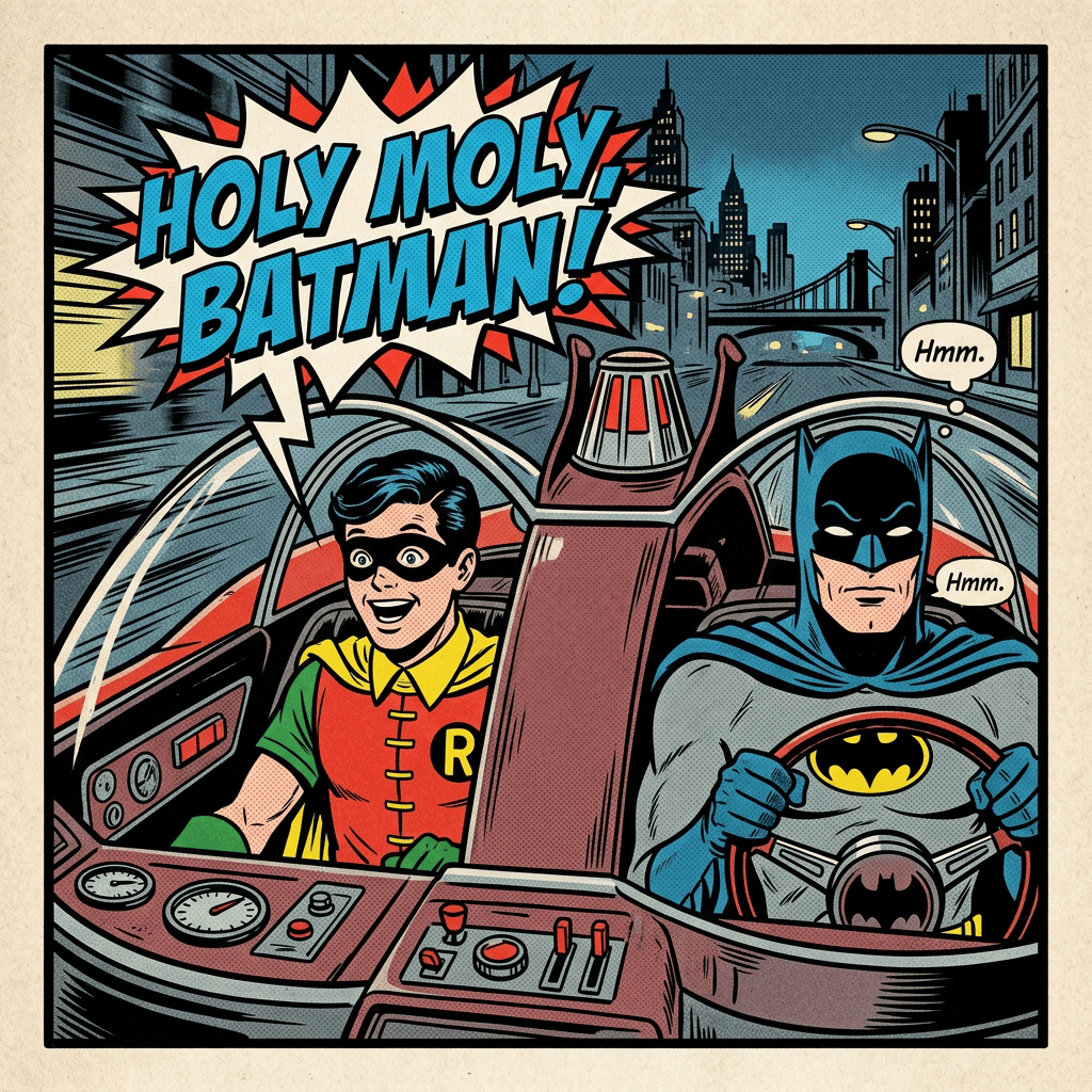 Batman and Robin driving a Batmobile through a city at night