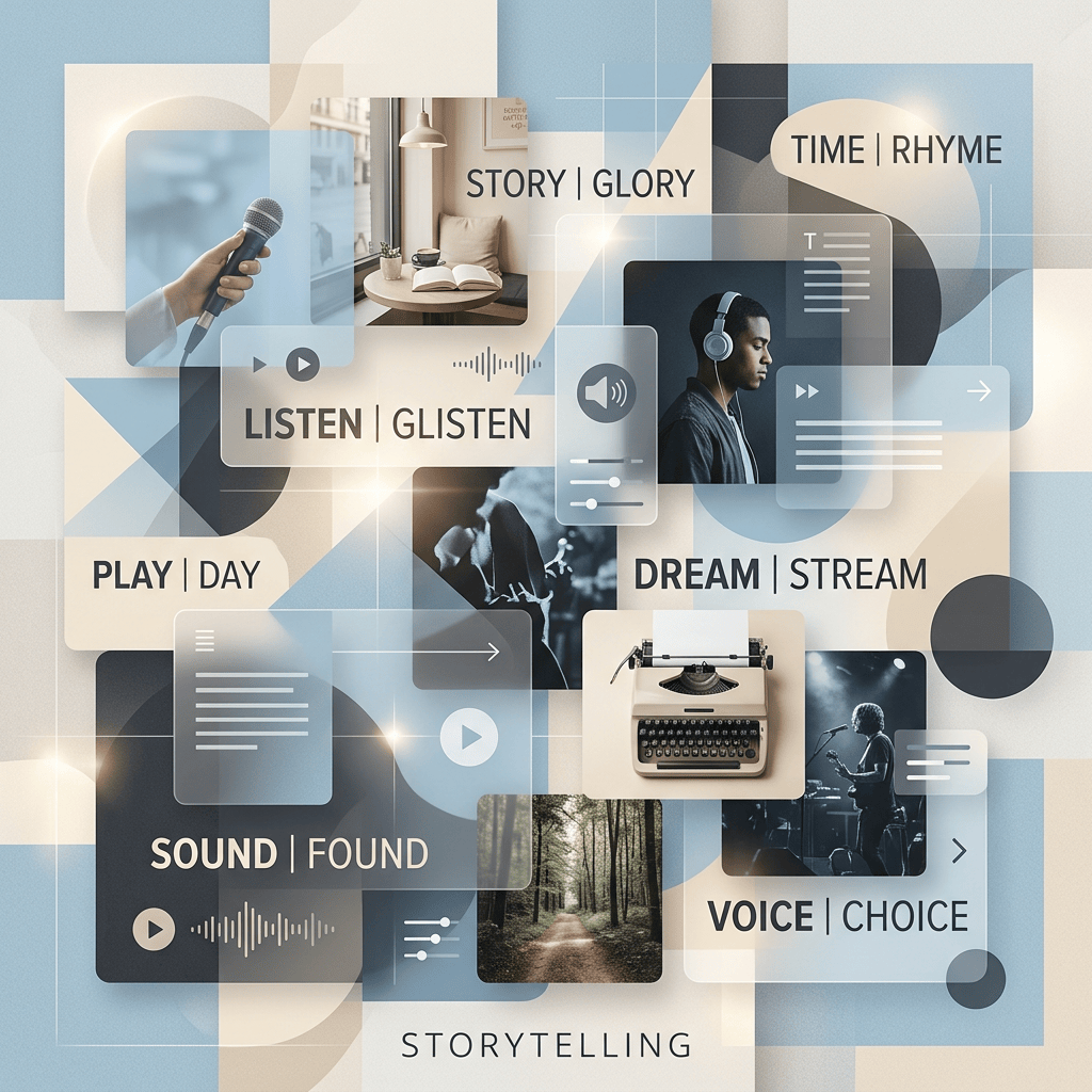 Collage reading TIME | RHYME, STORY | GLORY, LISTEN | GLISTEN, PLAY | DAY, DREAM | STREAM, SOUND | FOUND, VOICE | CHOICE, STORYTELLING