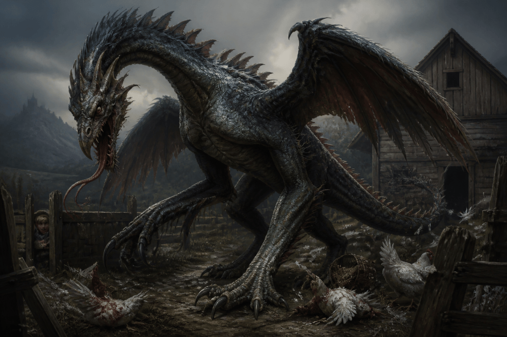 A dark winged dragon stands among dead chickens beside a rural wooden farmhouse.