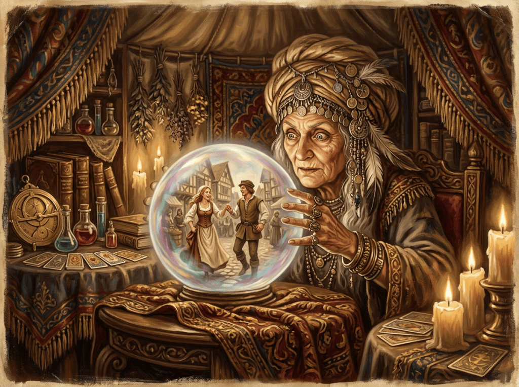 Fortune teller viewing a village scene inside a crystal ball