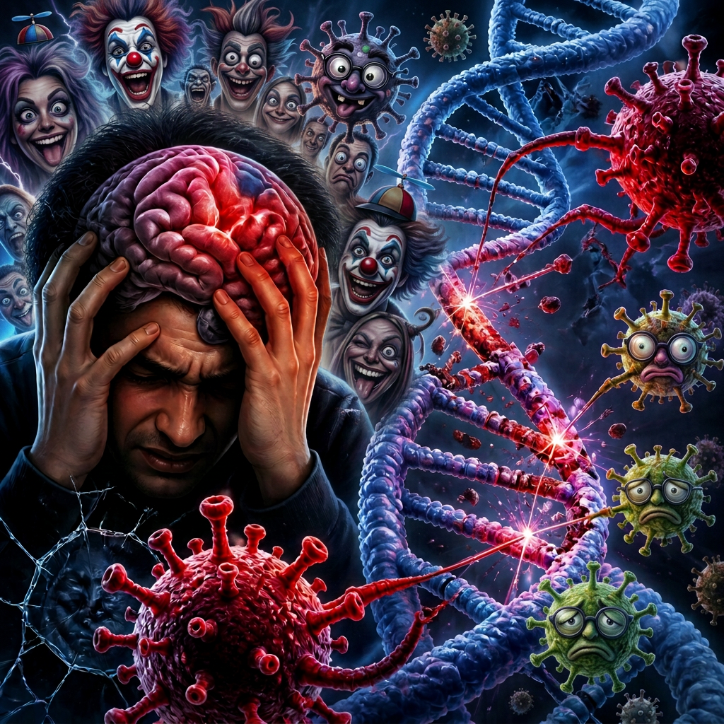 Person clutching head beneath exposed brain beside viruses and glowing DNA strands