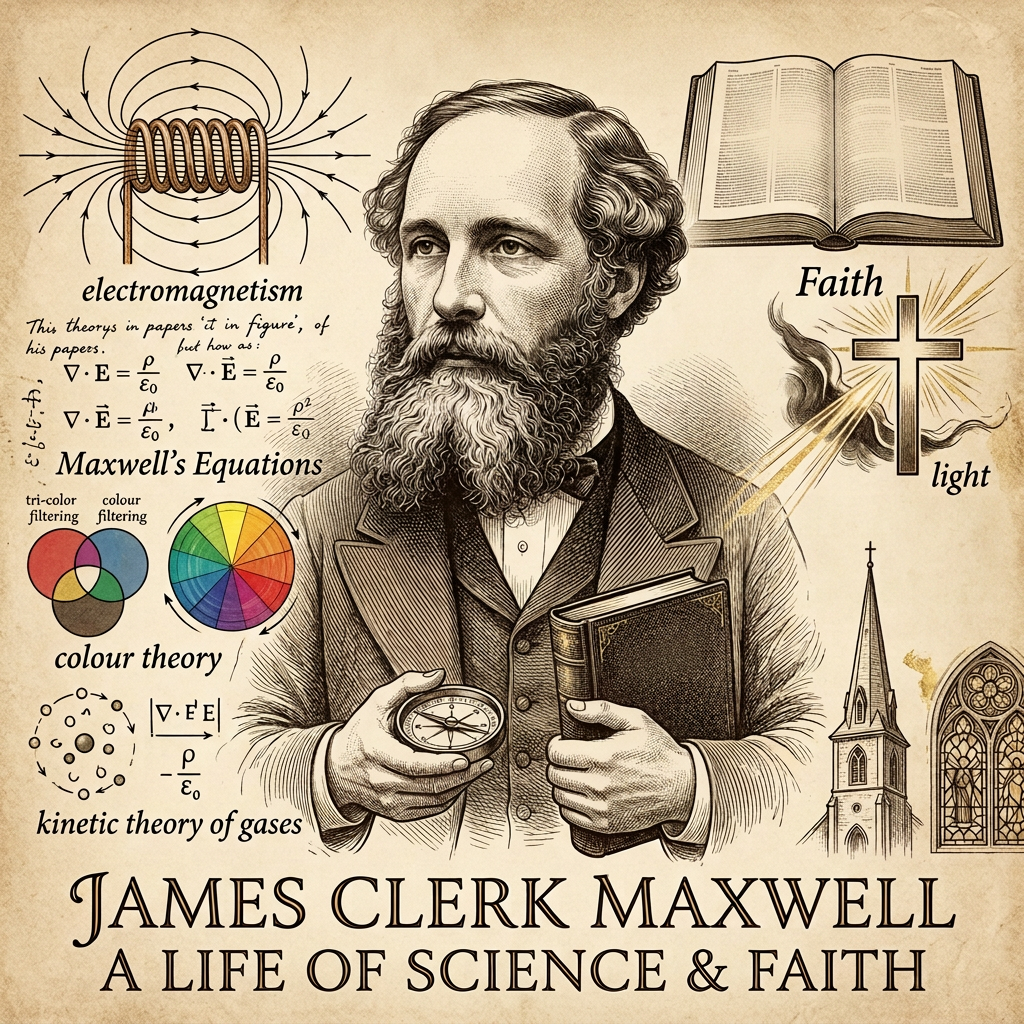 James Clerk Maxwell: Science and Faith Illustrated James Clerk Maxwell holding a Bible, surrounded by science and faith text