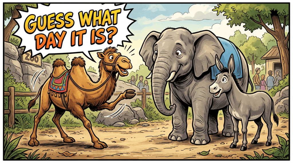 Cartoon camel, elephant, and donkey under text reading “GUESS WHAT DAY IT IS?”