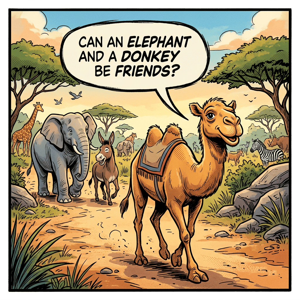 Can an elephant and a donkey be friends? Elephant, donkey, and camel walk through savanna.