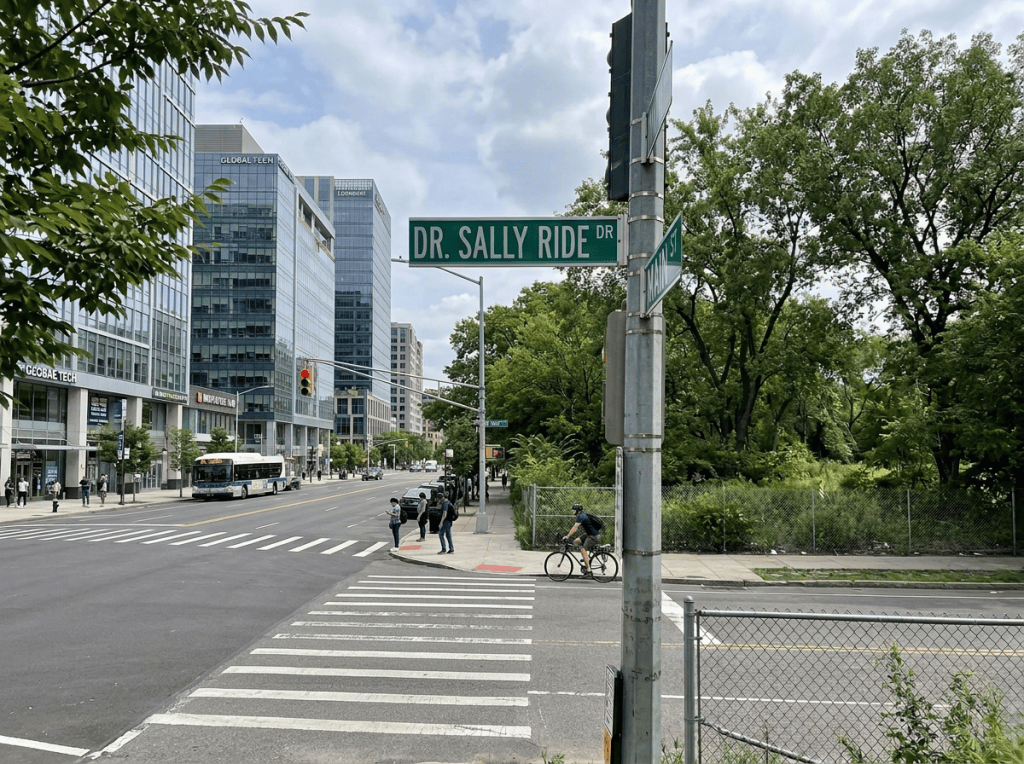 Dr. Sally Ride Drive street sign at a city intersection