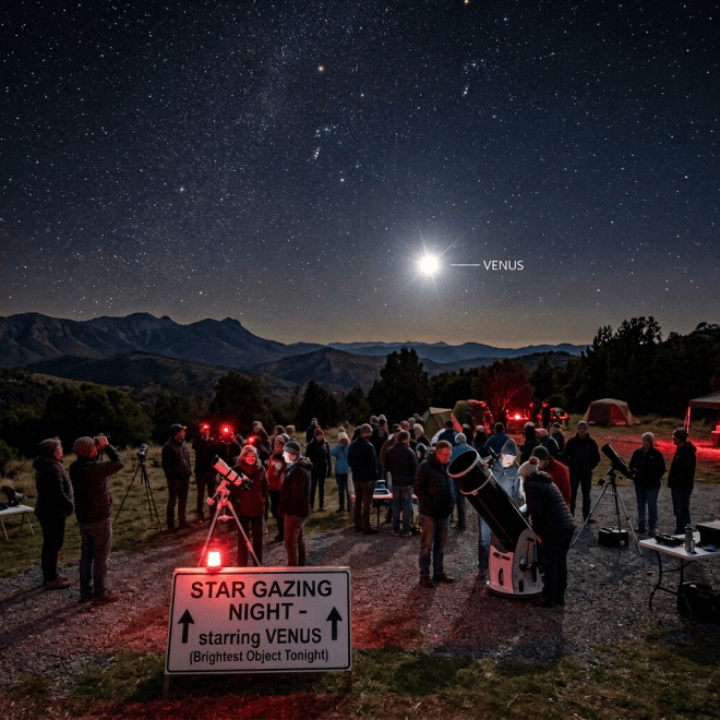 Star Gazing Night - Staring Venus (Brightest Object Tonight); VENUS label above mountains