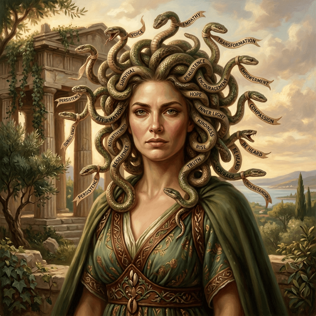 Woman with snake hair labeled Empathy, Voice, Transformation, Empowerment, Compassion, Courage, Understanding, Truth, Hope, Kindness, Persistence, Resilience, Perseverance, Survival, Epiphany, and Inner Light