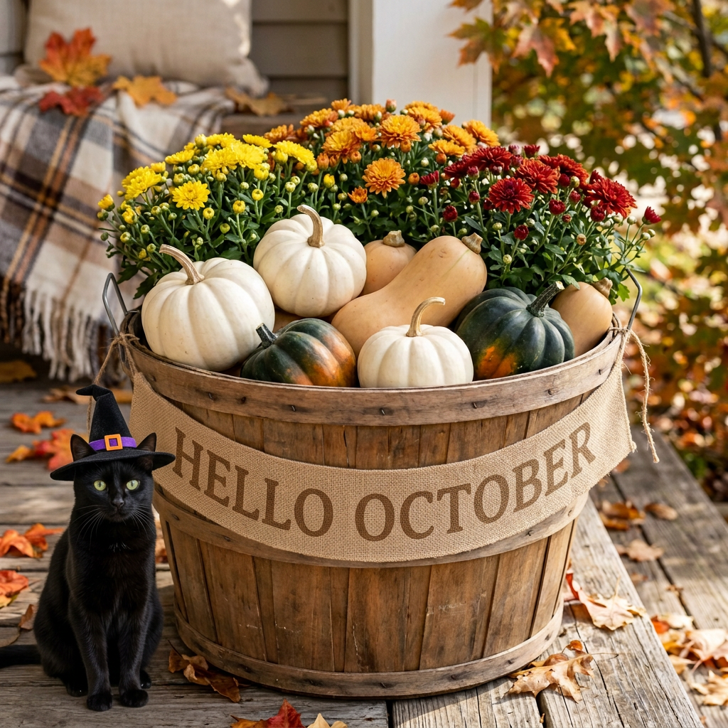 Wooden barrel filled with flowers, pumpkins, gourds, and HELLO OCTOBER banner