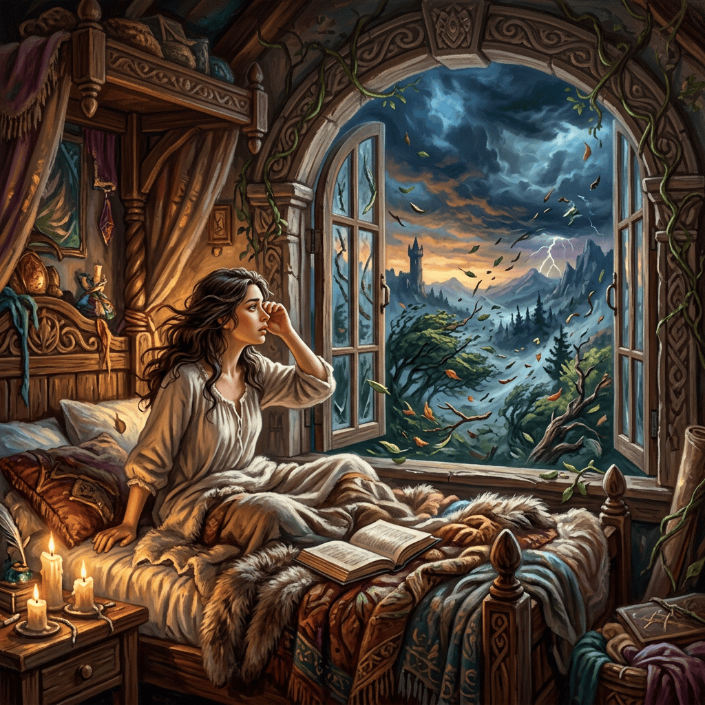 Woman seated on a bed beside an open window overlooking a stormy mountain kingdom
