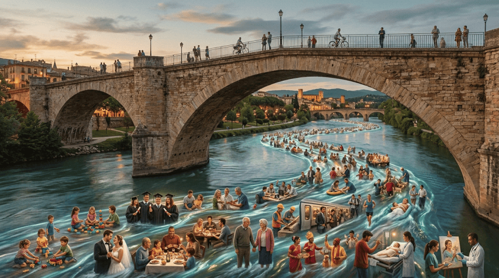Surreal river scene blending diverse human activities beneath a historic stone bridge